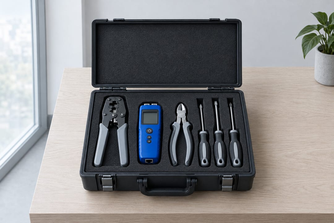 An engineer’s tool case open on a table: crimpers, a cable tester, cutters and screwdrivers in fitted foam